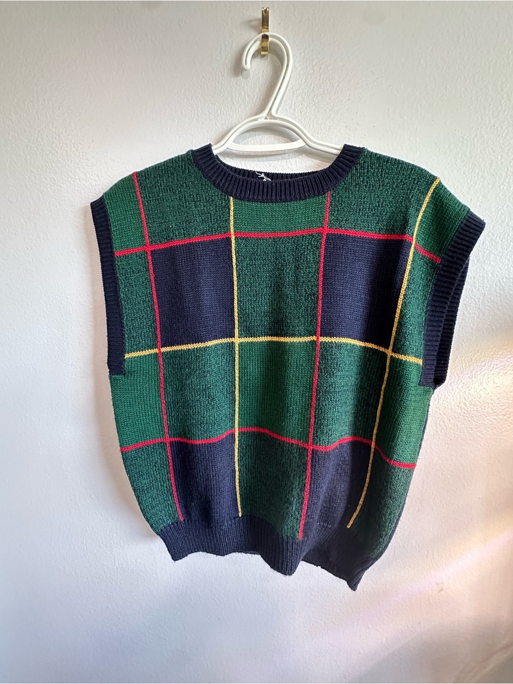 Vintage Russ Plaid Sweater Vest Wool Blend Green Navy Windowpane Size L